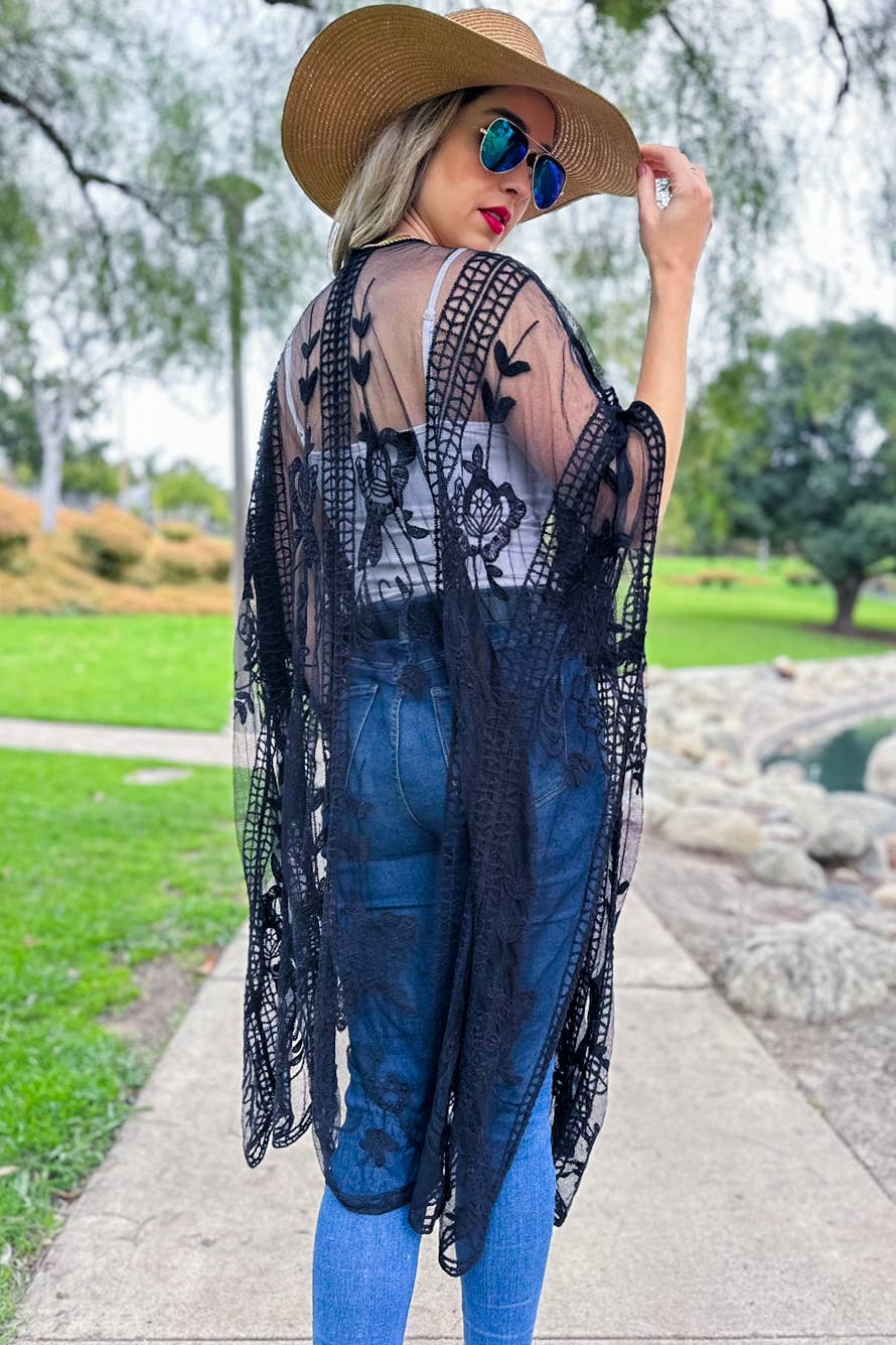 Black Floral Lace Sheer Dressy Kimono Cover Up