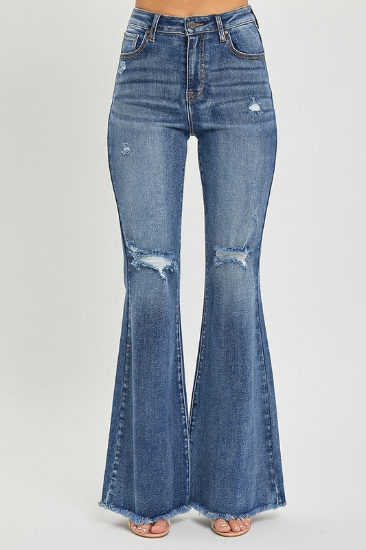 Plus HR Raw Hem Flare Jeans