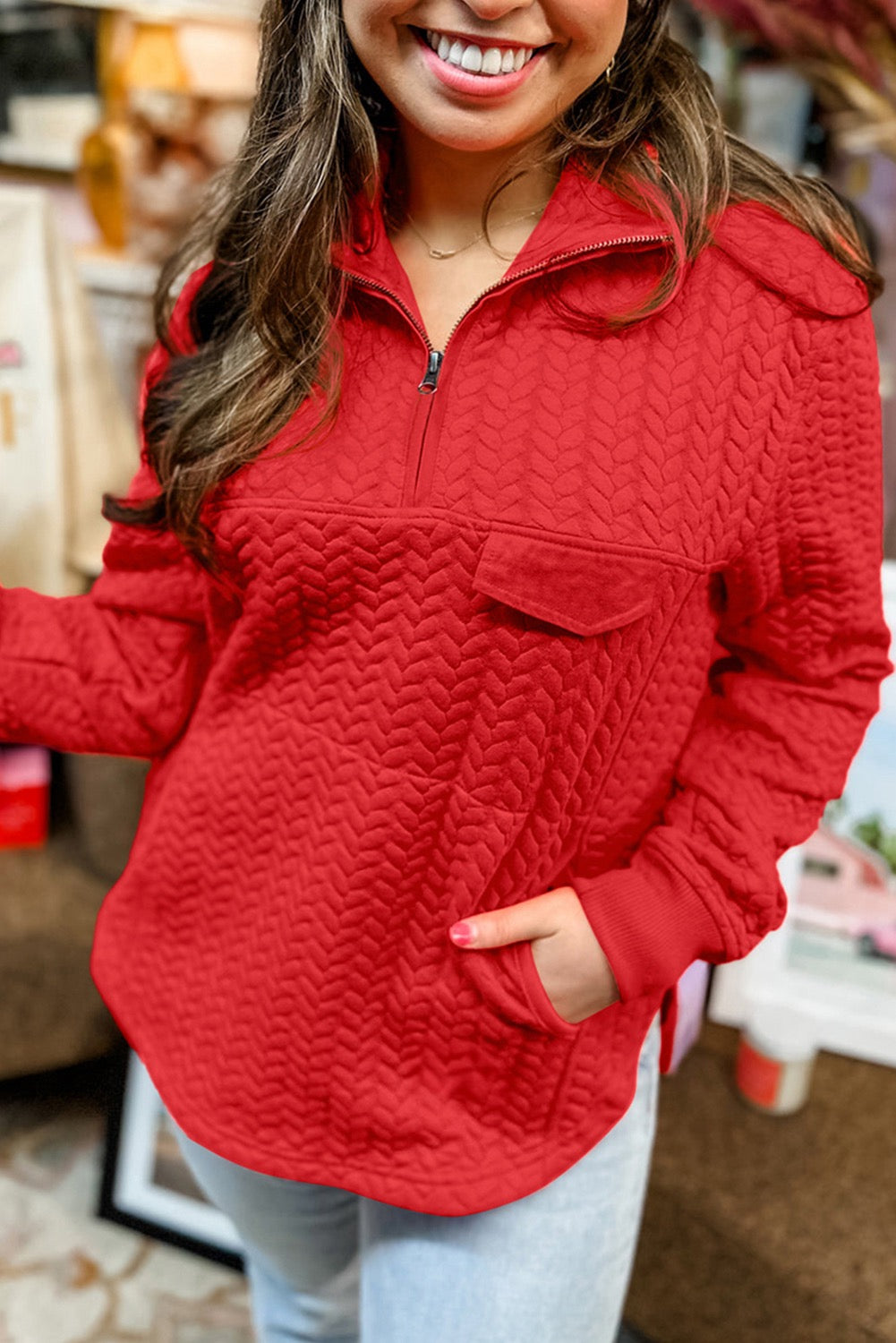 Plus Red Cable Textured Quarter Zip Pullover