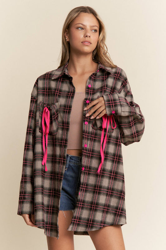 Plaid Ribbon Detail Button Down Top