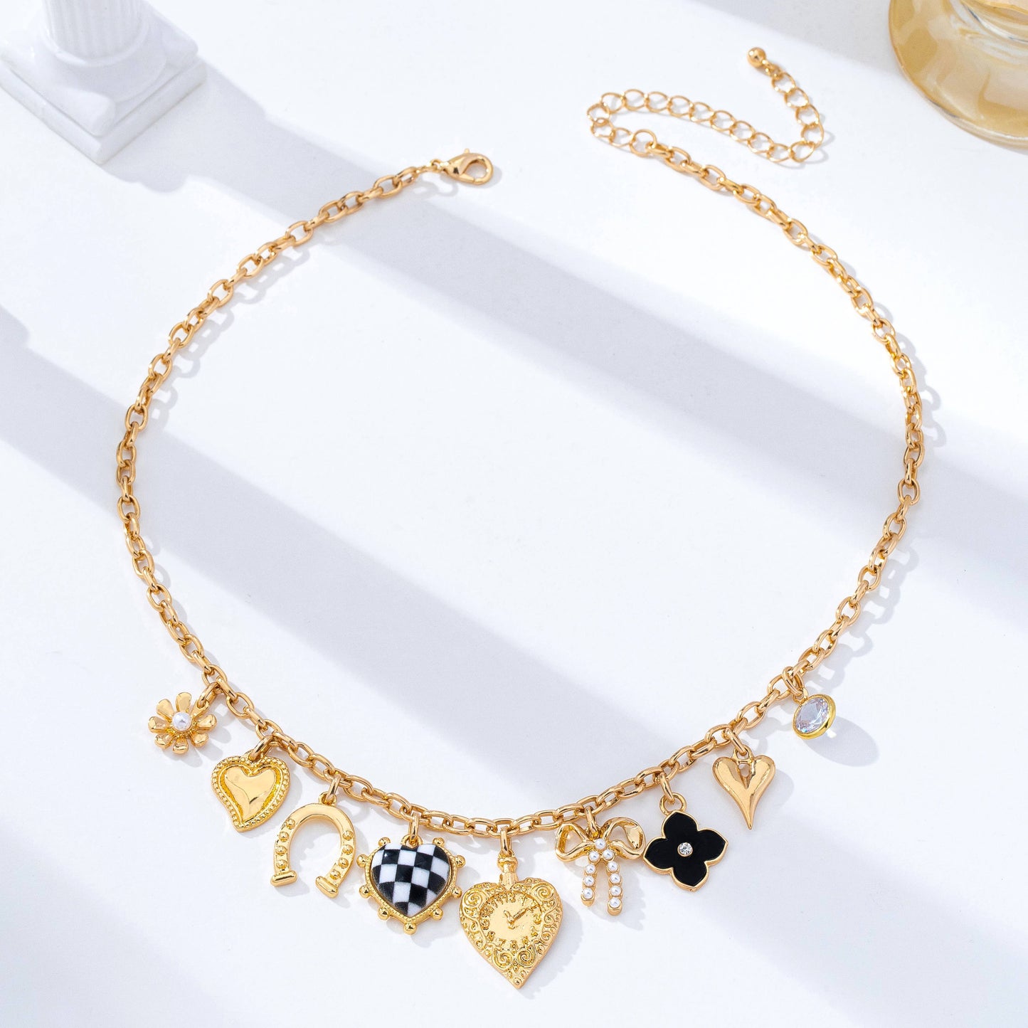 Checkered HeartPearl Bow Multi-Charm Link Necklace