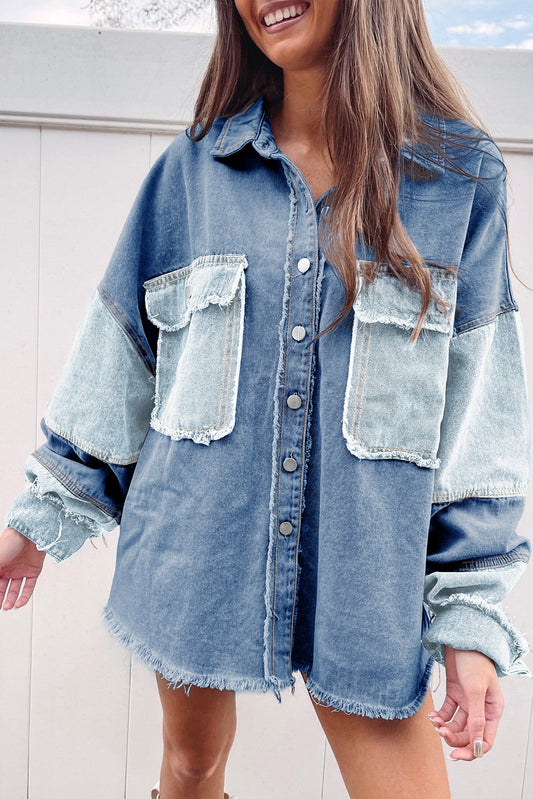 Denim Color Block Frayed Oversized Jacket