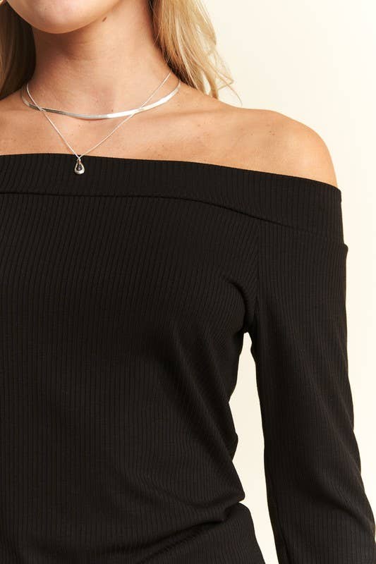 Solid Ribbed Off Shoulder Top