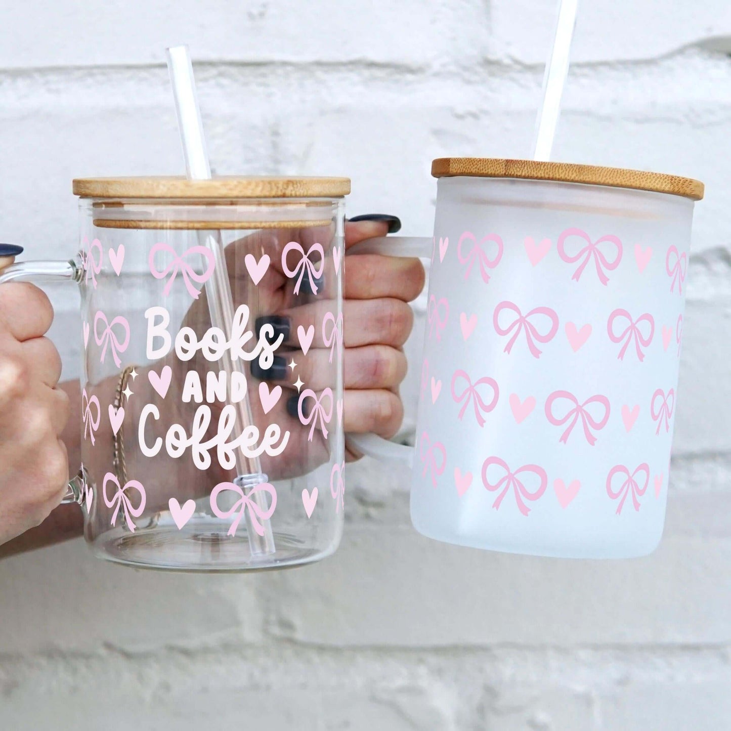 Coquette Books + Coffee 17oz Glass Mug With Lid and Straw