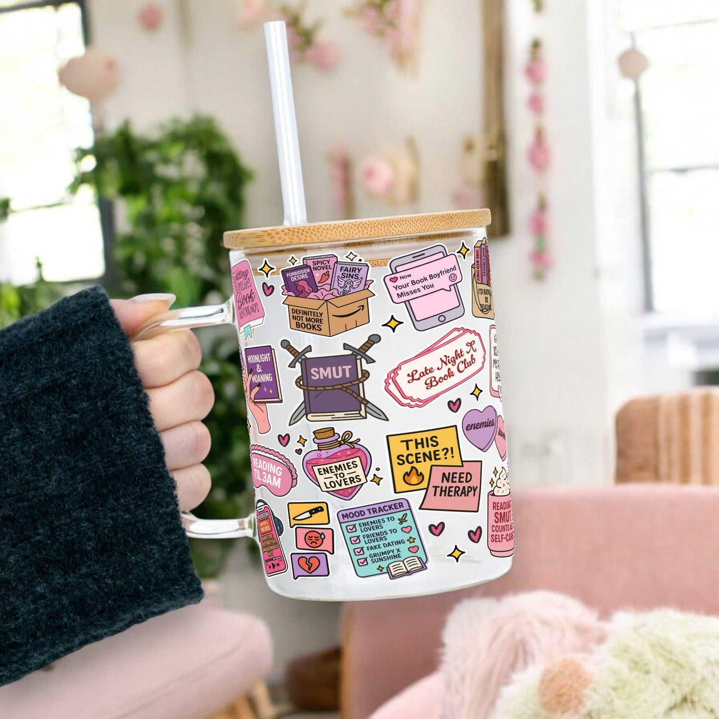 Spicy Book Lover Clear Glass Mug With Lid + Straw