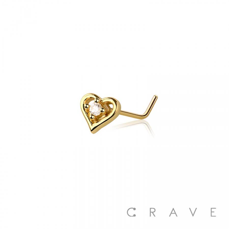 CZ CENTER HEART 316L SURGICAL STEEL L-SHAPE NOSE RING