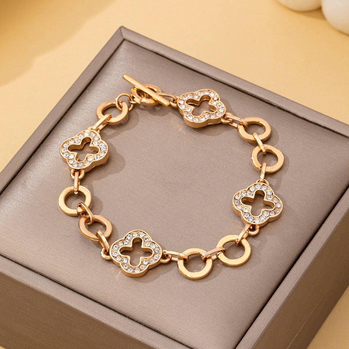 Pave Crystal Clover Link Bracelet With Toggle Clasp