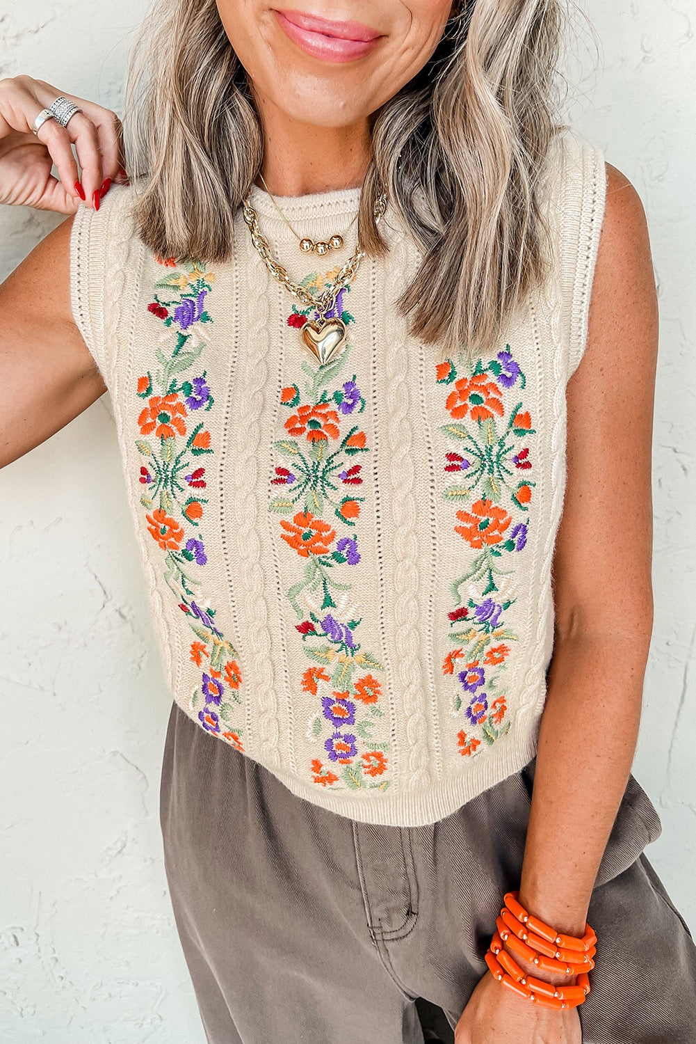 Embroidered Floral Cable Knit Sweater Vest