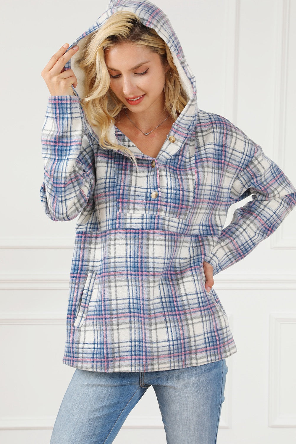 Plaid Button Neck Pocketed Pullover Hoodie