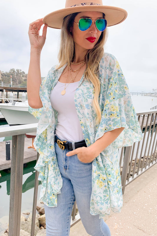 Sage Floral Printed Ruffle Sleeve Kimono Cover Up
