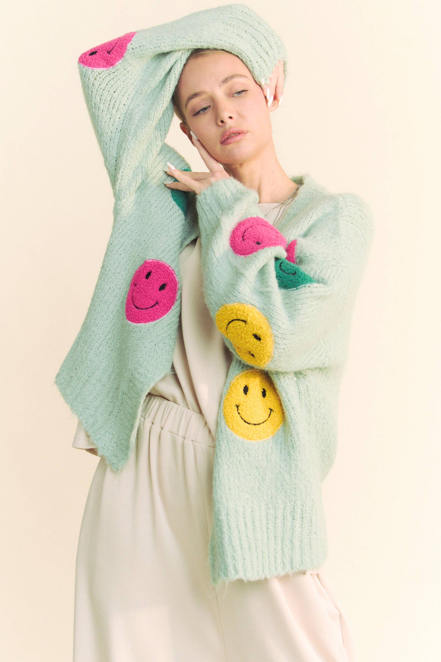 Fuzzy Smile Long Bell Sleeve Cardigan