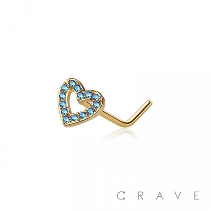 CZ PAVED HEART 316L SURGICAL STEEL L-SHAPE NOSE STUD
