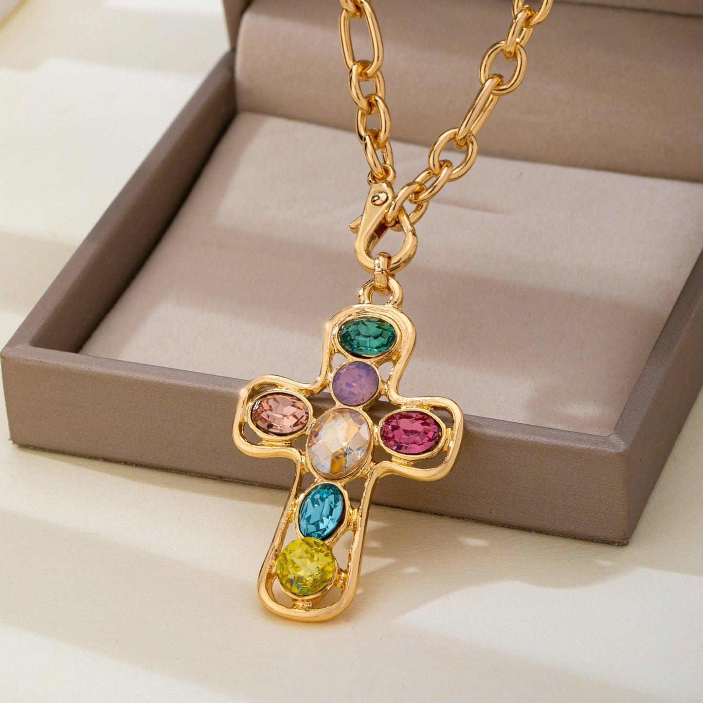 Multi-Colored Crystal Cross Necklace
