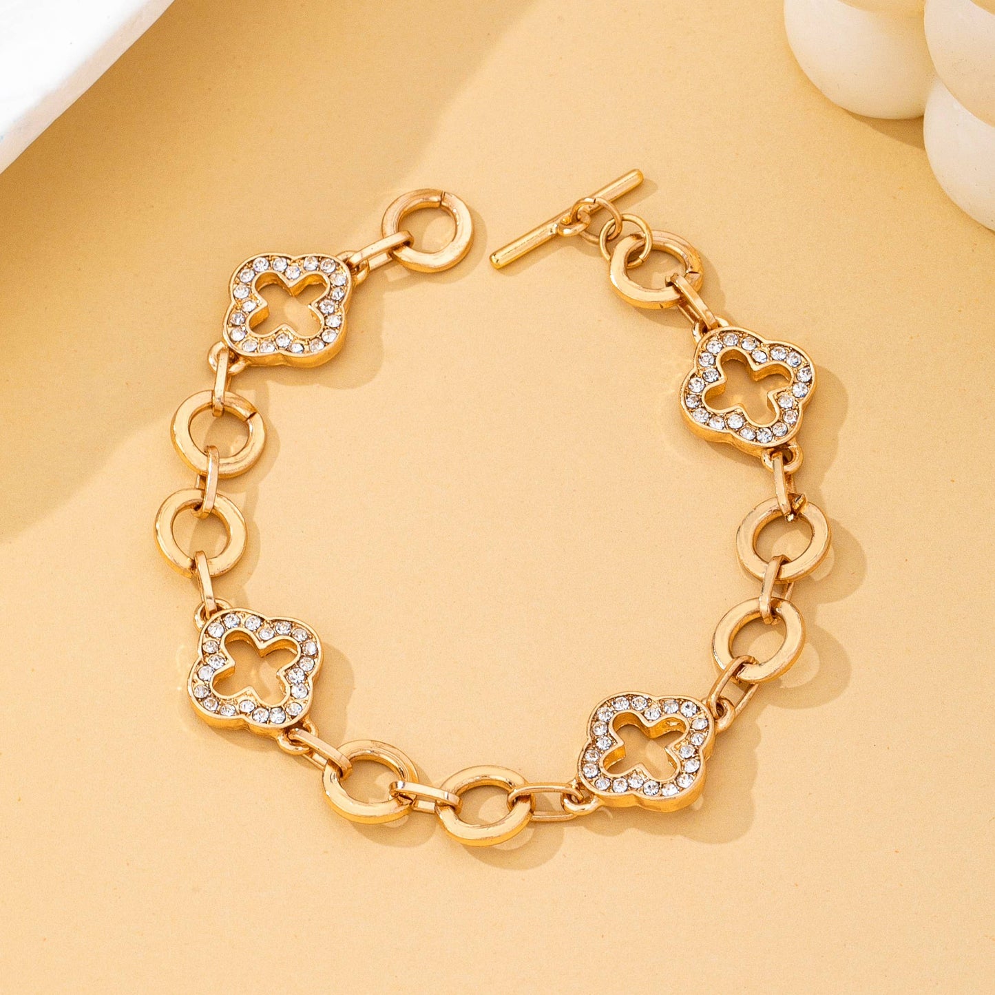Pave Crystal Clover Link Bracelet With Toggle Clasp