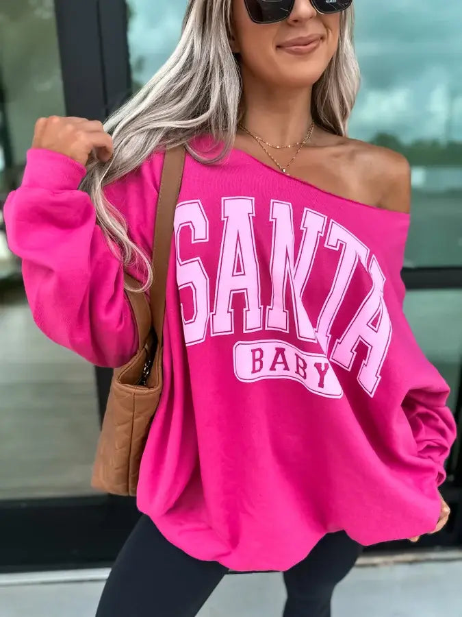 Santa Baby Sangria Off Shoulder Graphic Crewneck