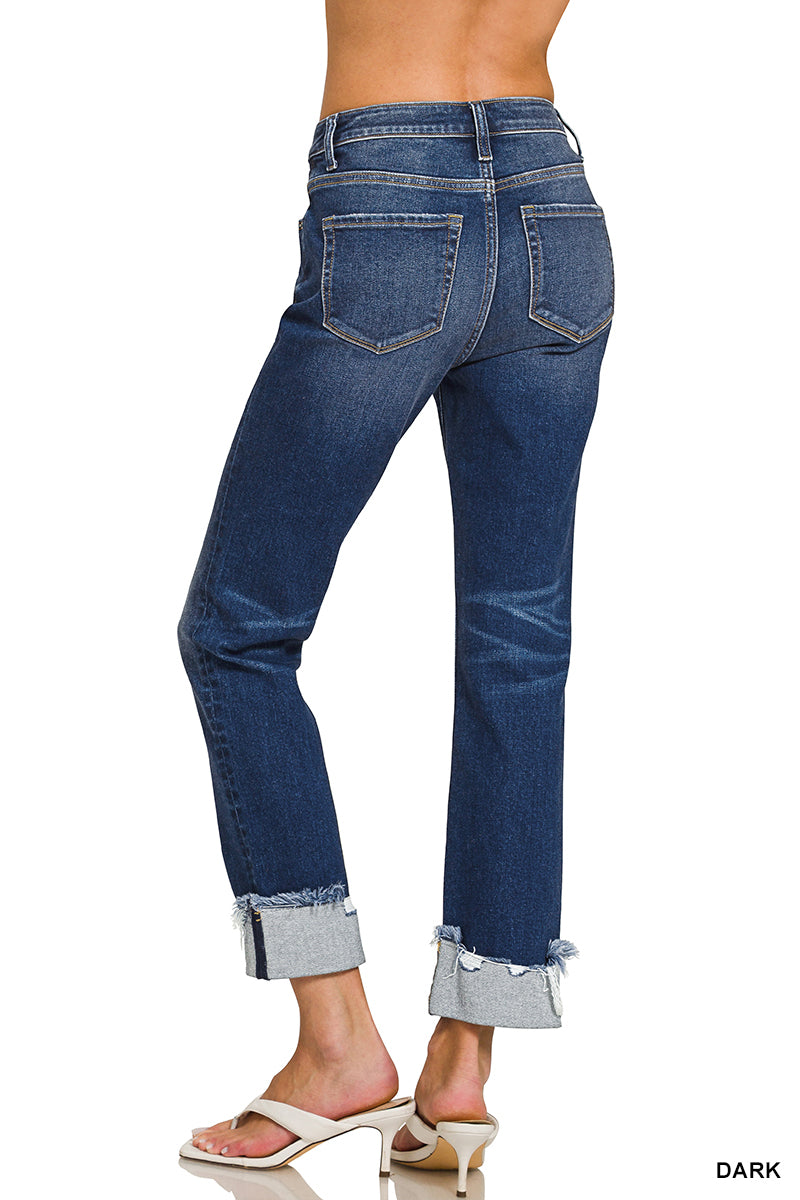 Zenana Cuffed Distressed Straight Leg