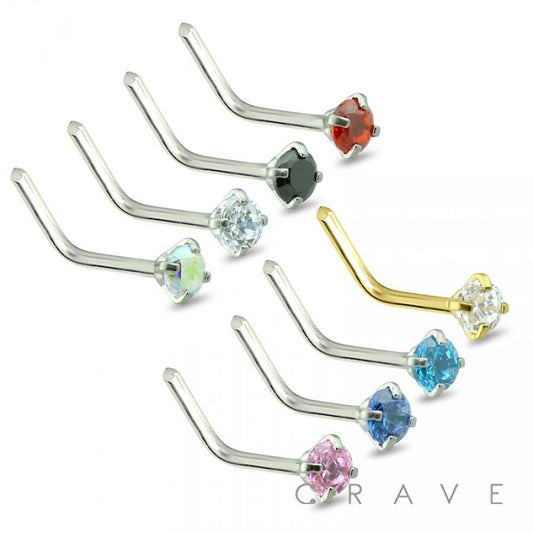 316L Surgical Steel NOSE "L" BEND WITH PRONG SET COLOR GEM