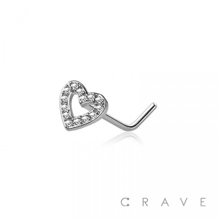 CZ PAVED HEART 316L SURGICAL STEEL L-SHAPE NOSE STUD