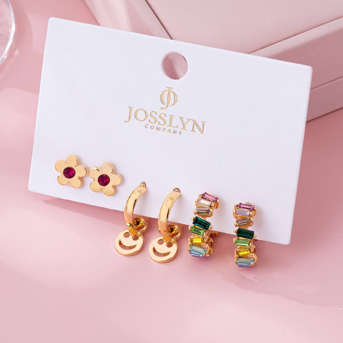 Rainbow Crystal, Smiley, and Floral Trio Earrings