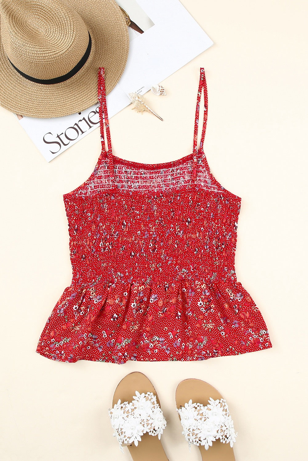 Floral Print Smocked Flounce Spaghetti Strap Camisole