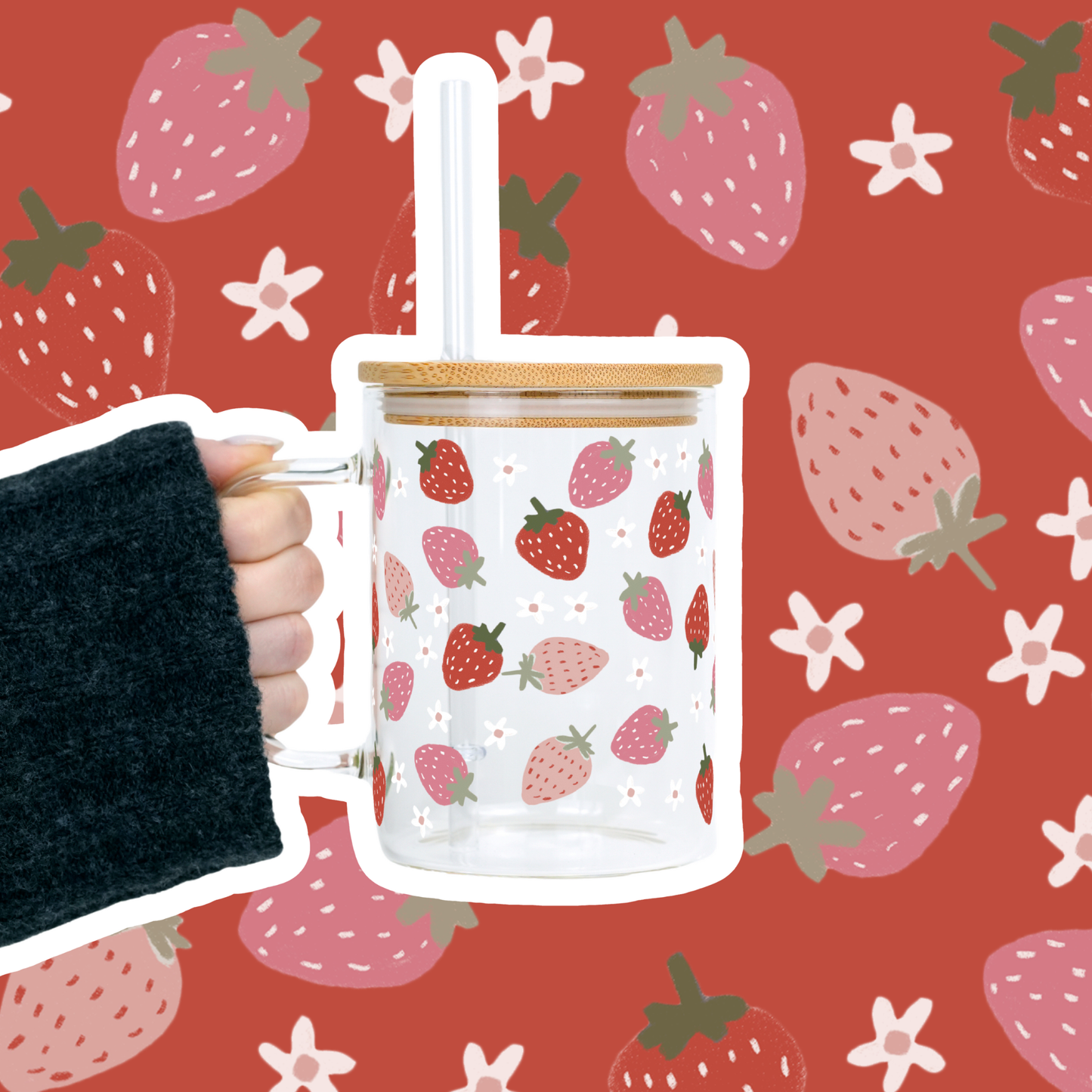 Strawberries 17oz Glass Mug With Lid and Straw
