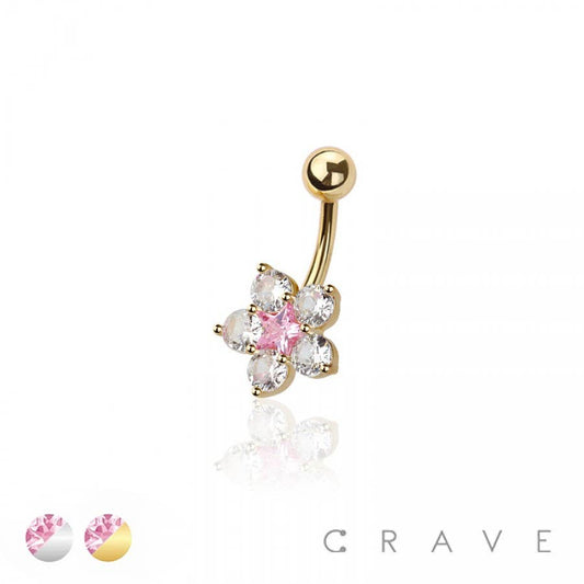 316L SURGICAL STEEL STAR FLOWER PINK CZ NON DANGLE BELLY BUT