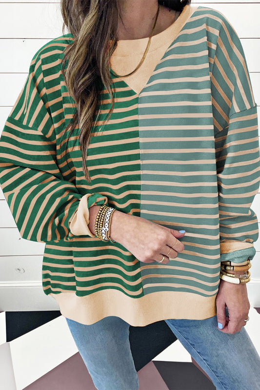 Green Stripe Color Block Oversized Sweatshirt