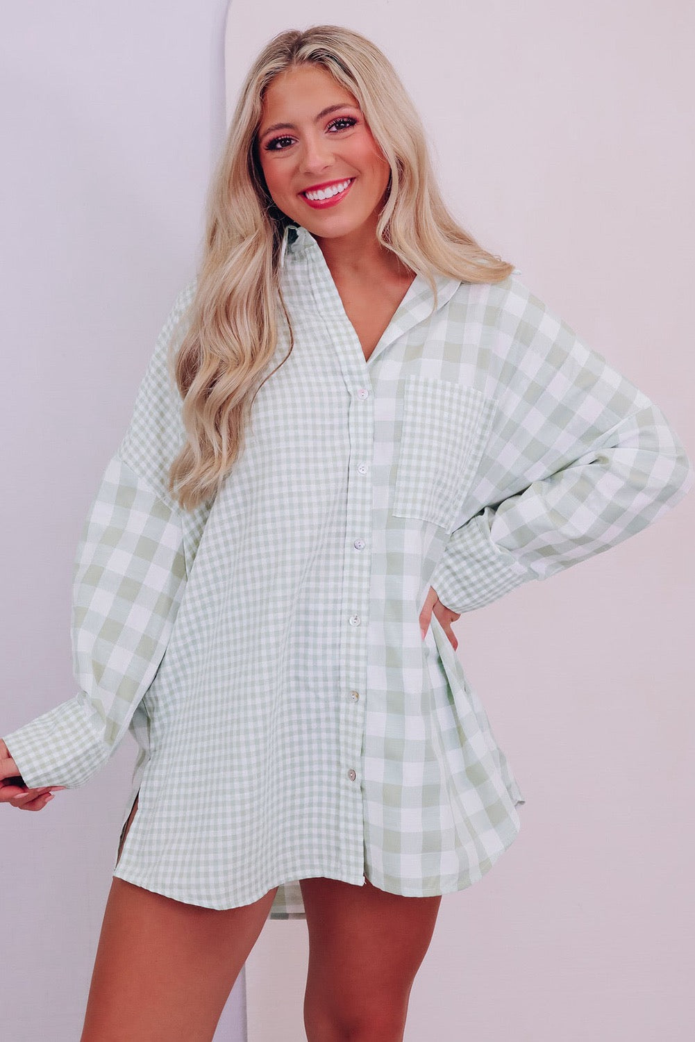 Green Mix Checked Patchwork Button Up