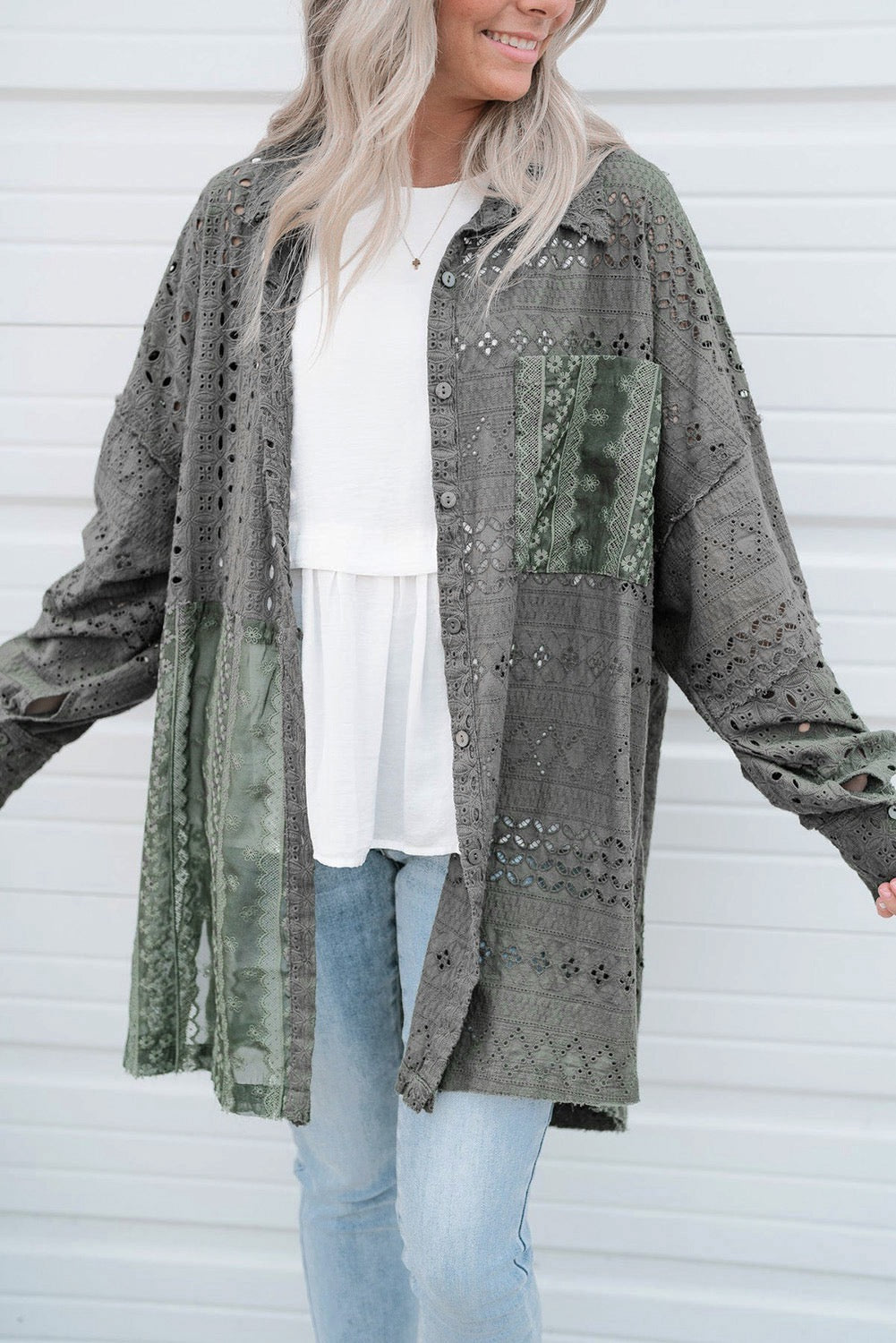 Green Eyelet Pattern Patchwork Oversized Shacket