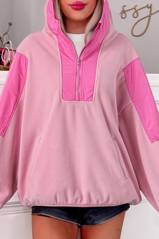 Pink Color Block Fleece Oversized Half Zip Hoodie