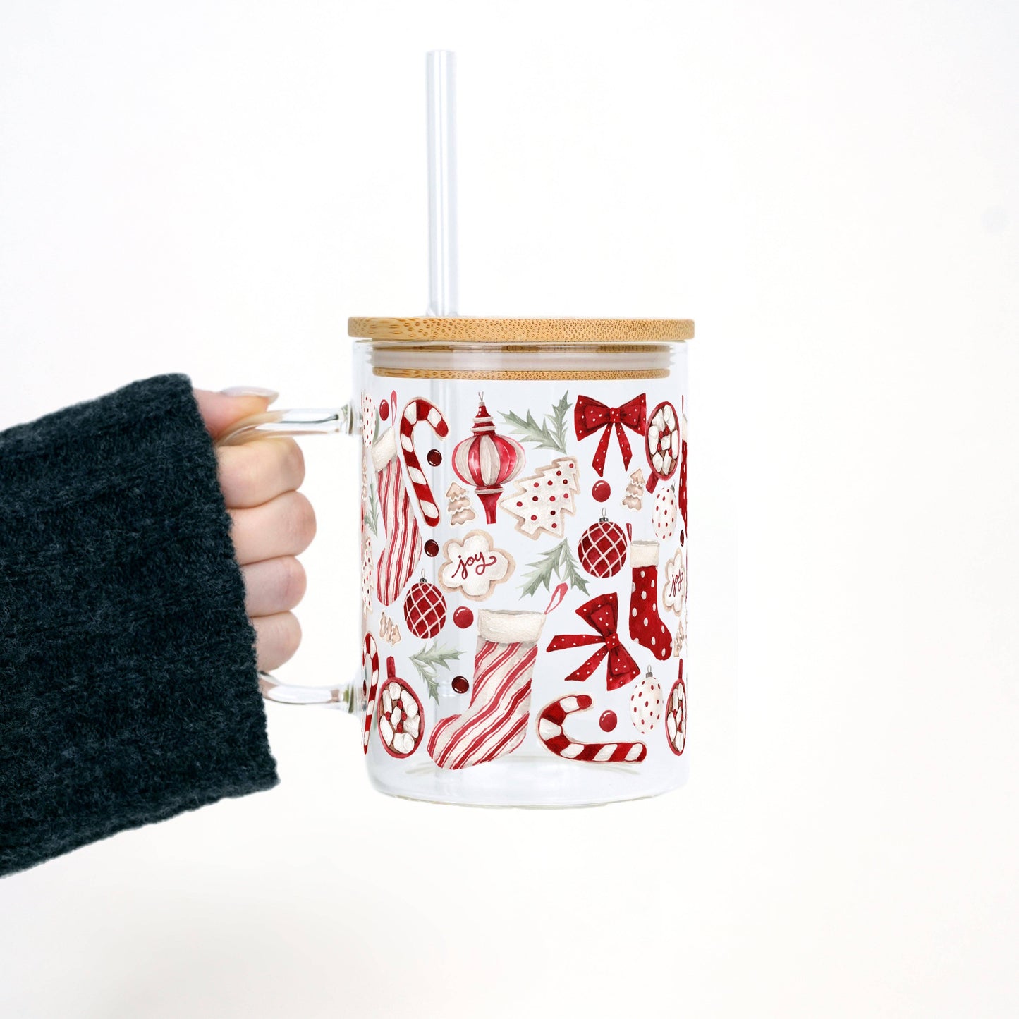 Cozy Christmas Things 17oz Glass Mug With Lid and Straw