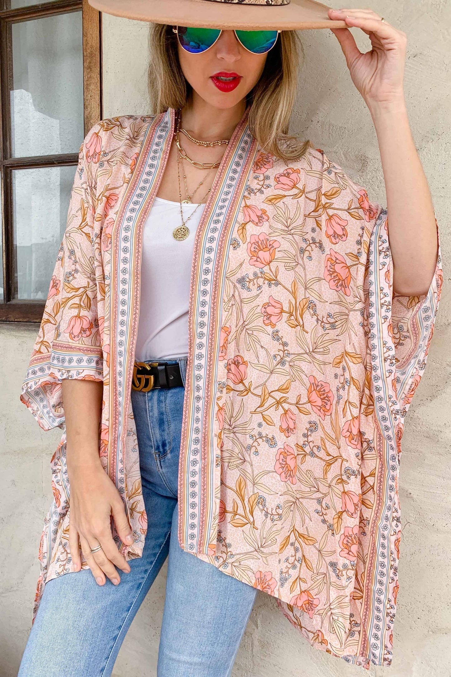 Blush Floral Border Printed Kimono Cardigan Cover Up