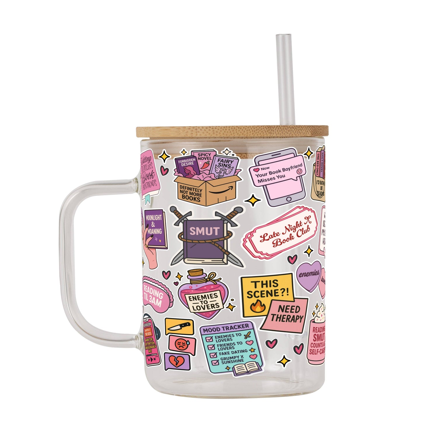 Spicy Book Lover Clear Glass Mug With Lid + Straw