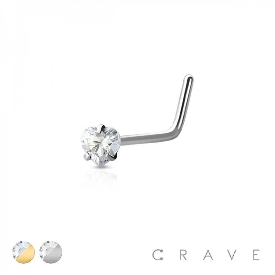 316L SURGICAL STEEL NOSE "L"BEND WITH HEART SHAPE PRONG SET