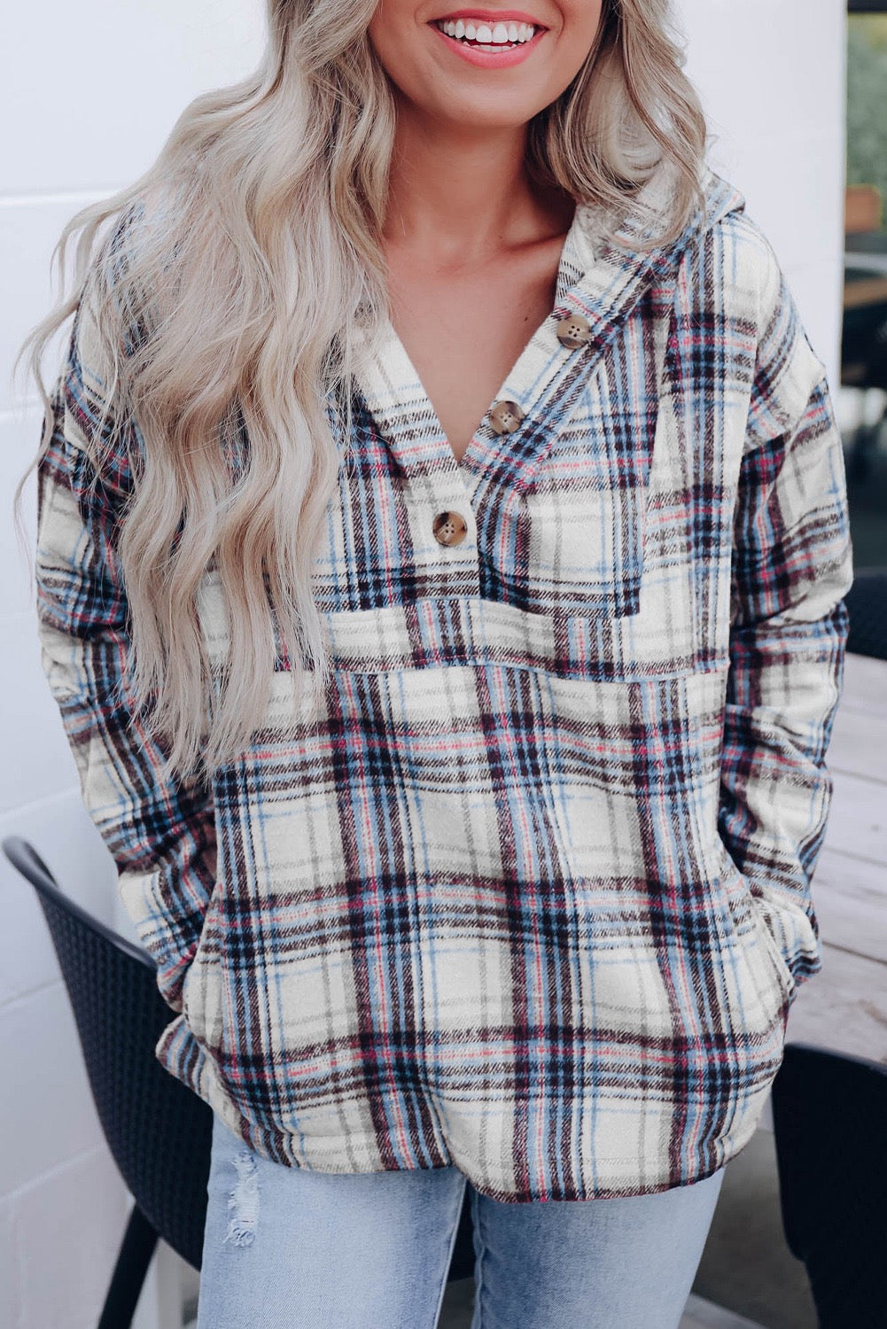 Plaid Button Neck Pocketed Pullover Hoodie