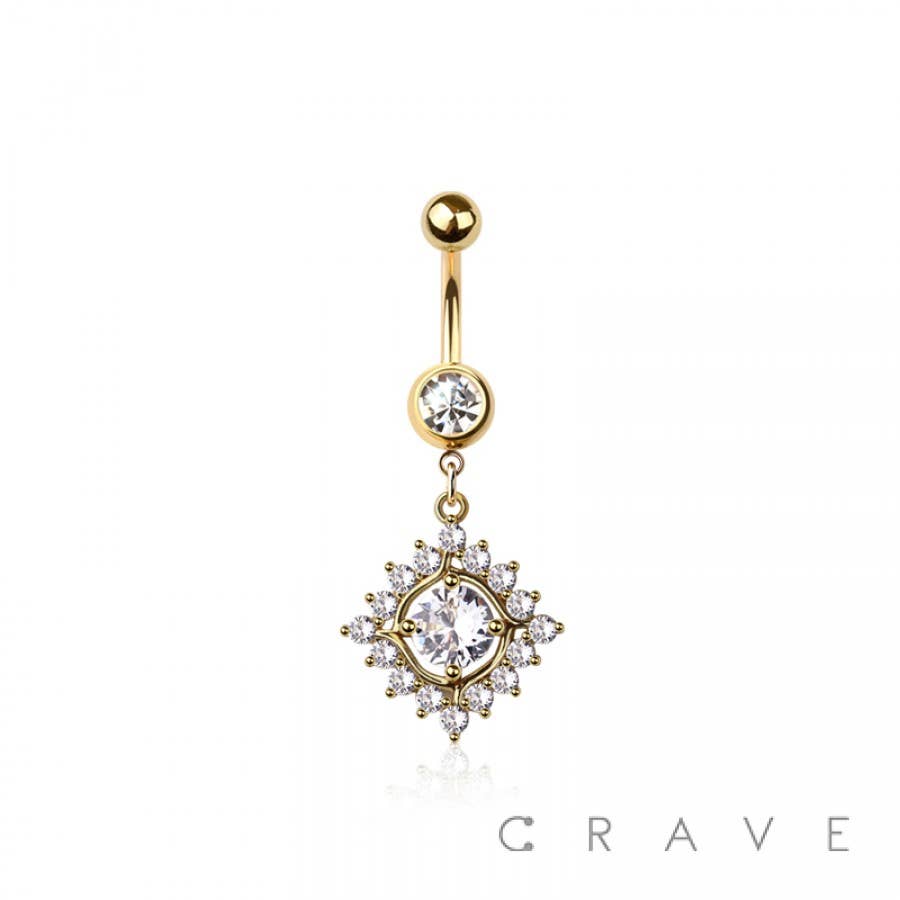 316L SURGICAL STEEL MULTI CZ RHOMBUS BEZEL DANGLE BELLY BUTT