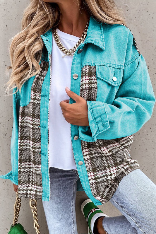 Turquoise Plaid Patchwork Denim Jacket