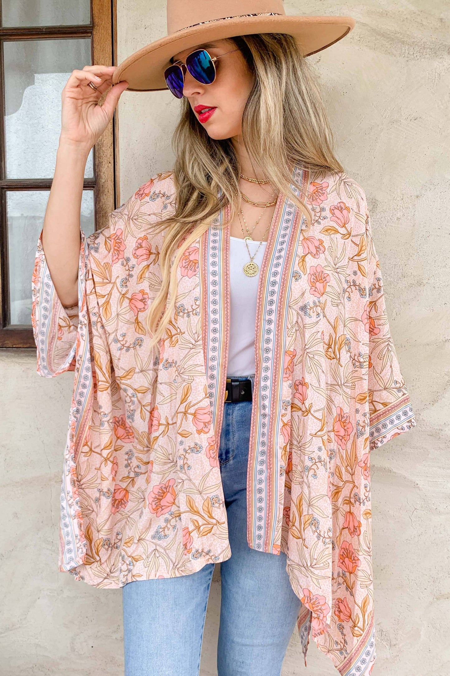 Blush Floral Border Printed Kimono Cardigan Cover Up