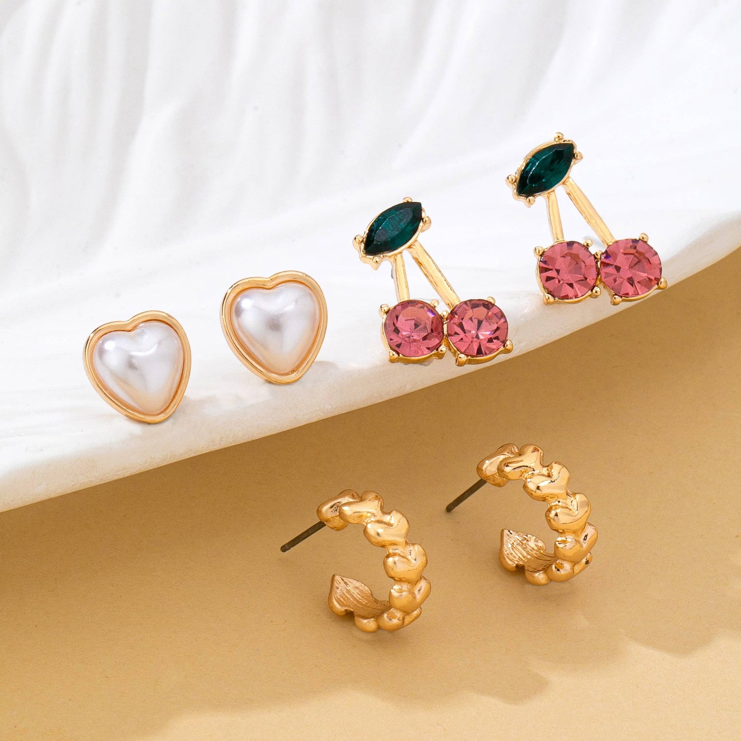 Trio Heart, Huggie, and Cherry Earring Set
