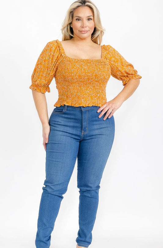 Plus Floral Smocked Sleeve Blouse