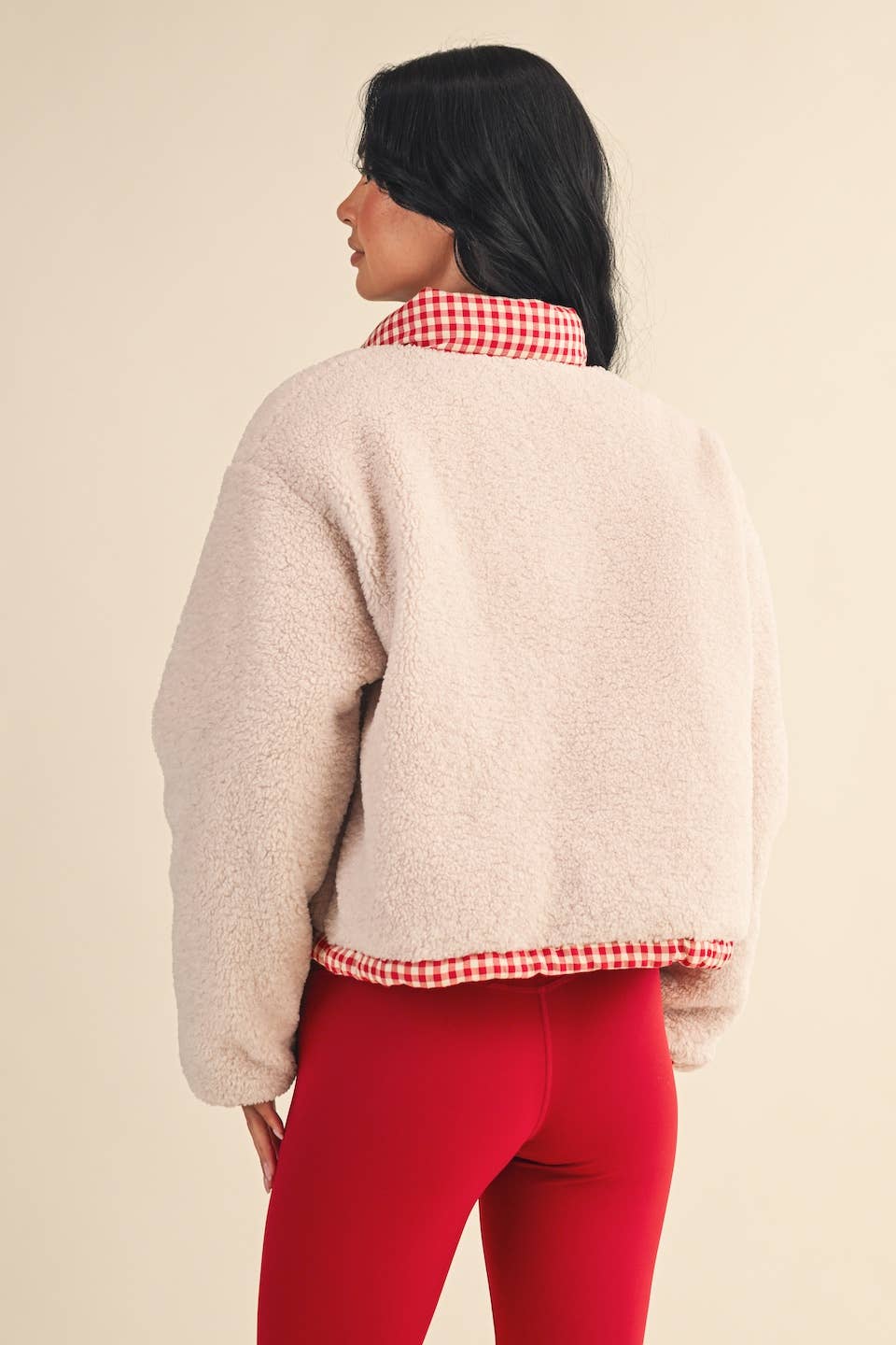 Cozy Sherpa Jacket with Gingham Lining and Holiday Trim