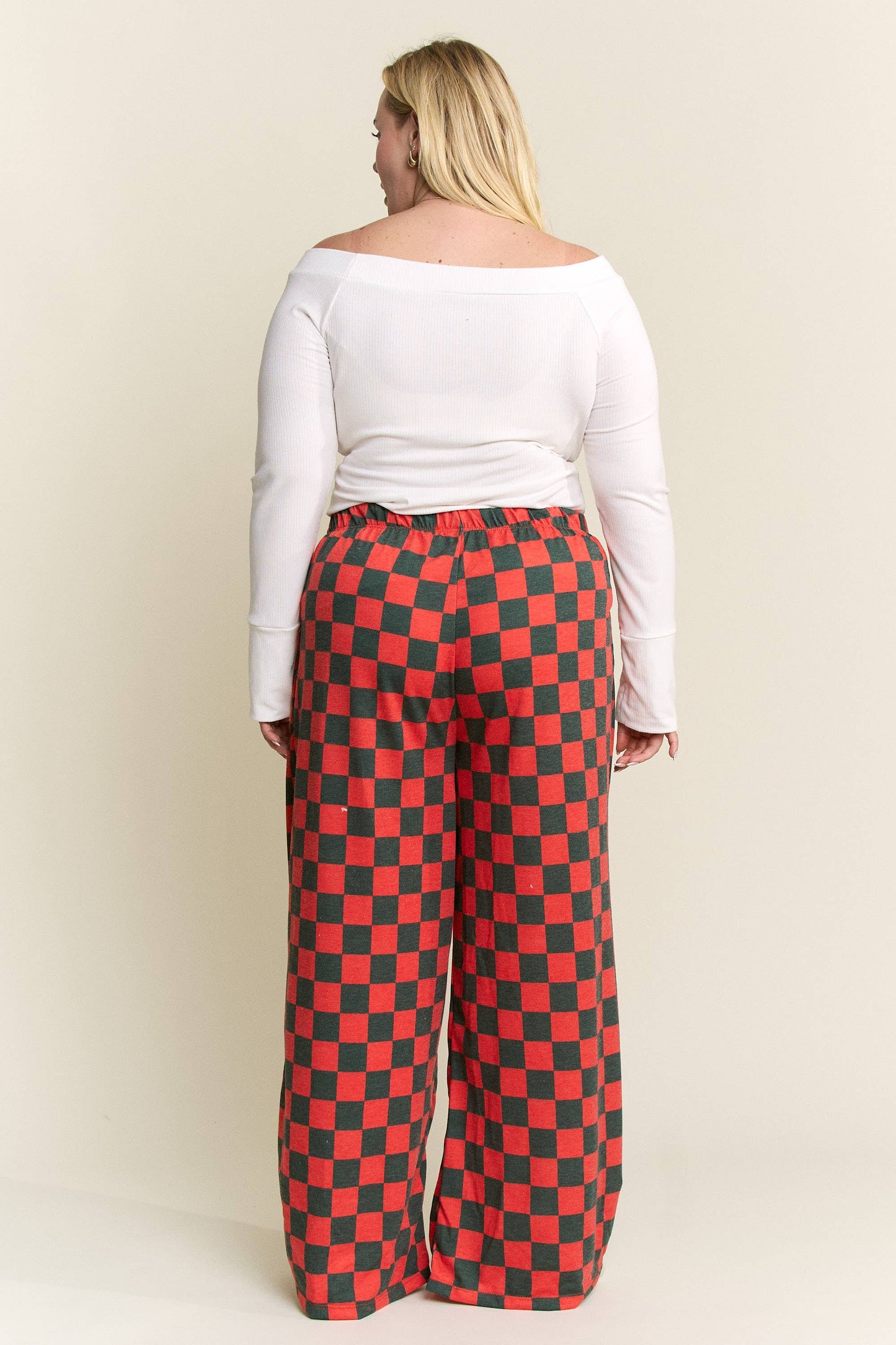 HIGH WAIST CHECKERED STRAIGHT LEG KNIT PANTS