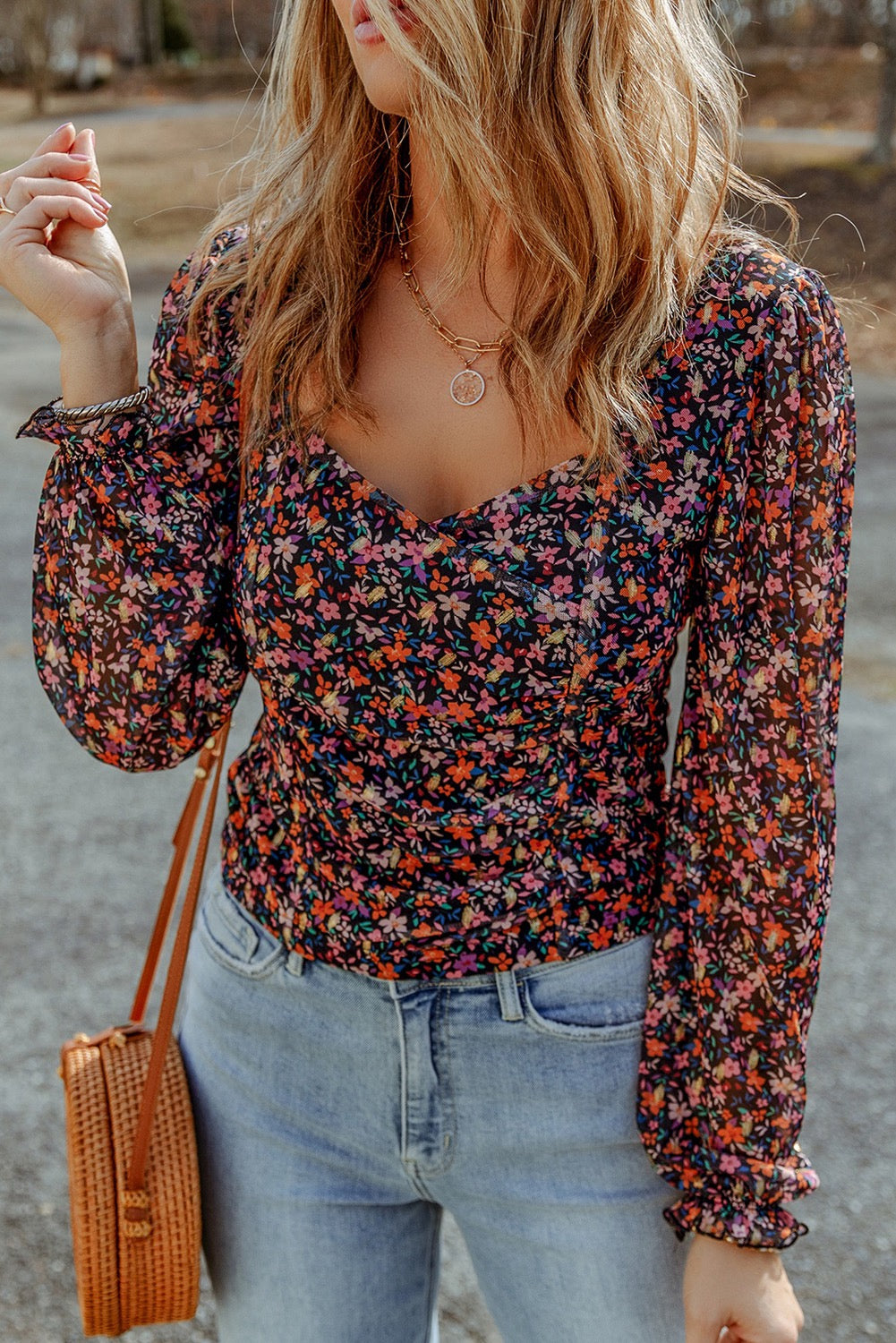 Bubble Sleeve Ditsy Floral Blouse