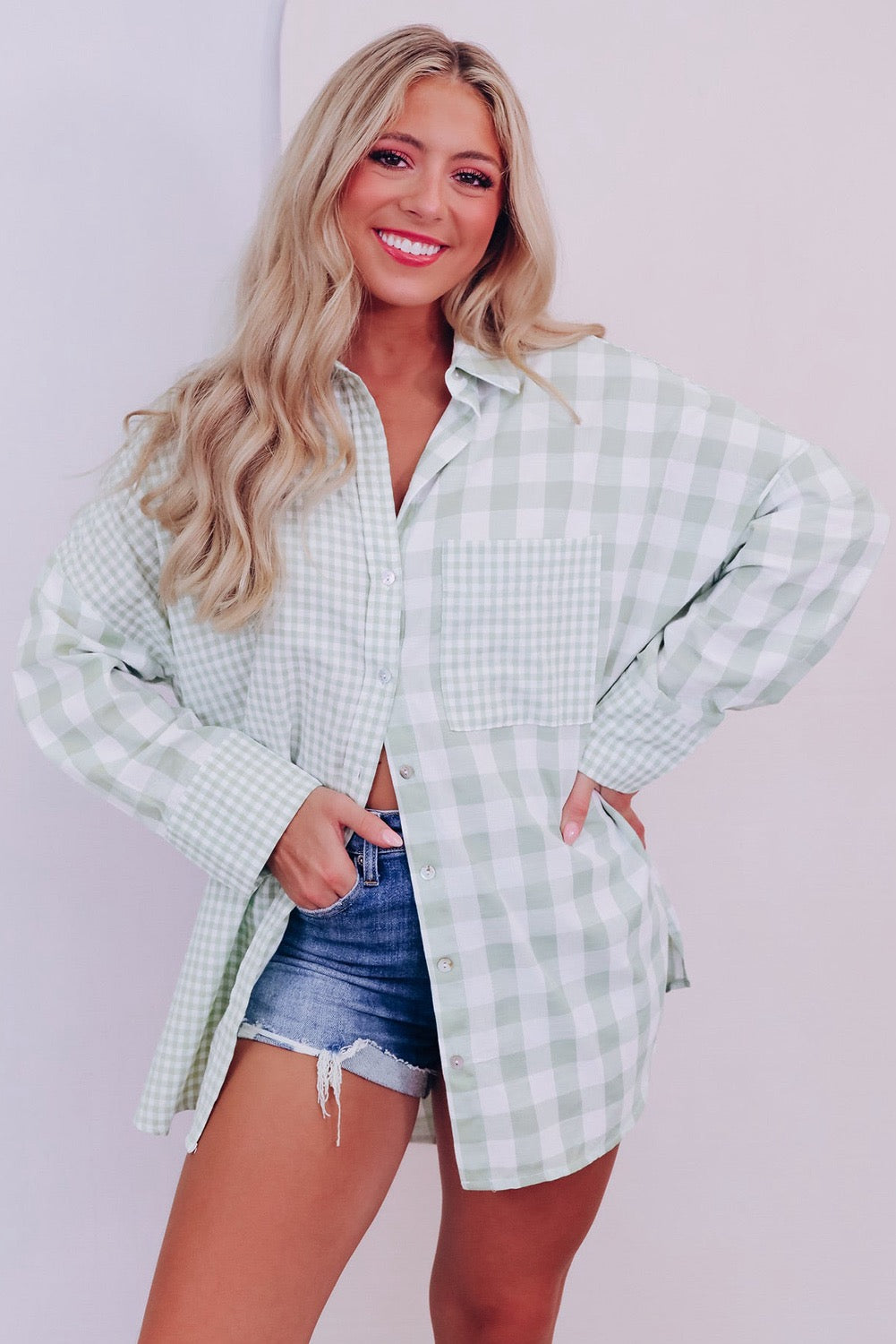 Green Mix Checked Patchwork Button Up