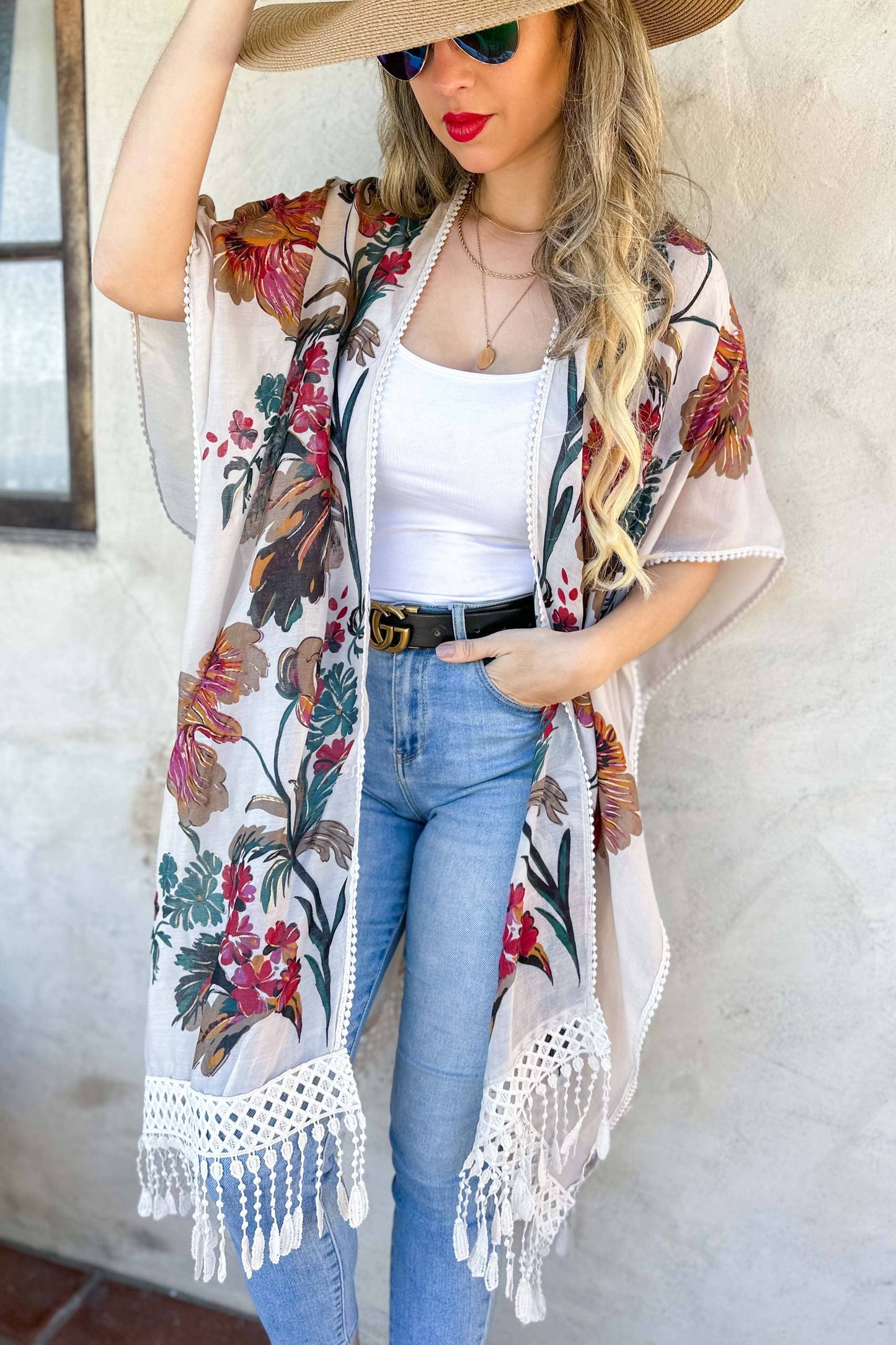 White Floral Print Lace Detail Tassel Bottom Kimono Cardigan