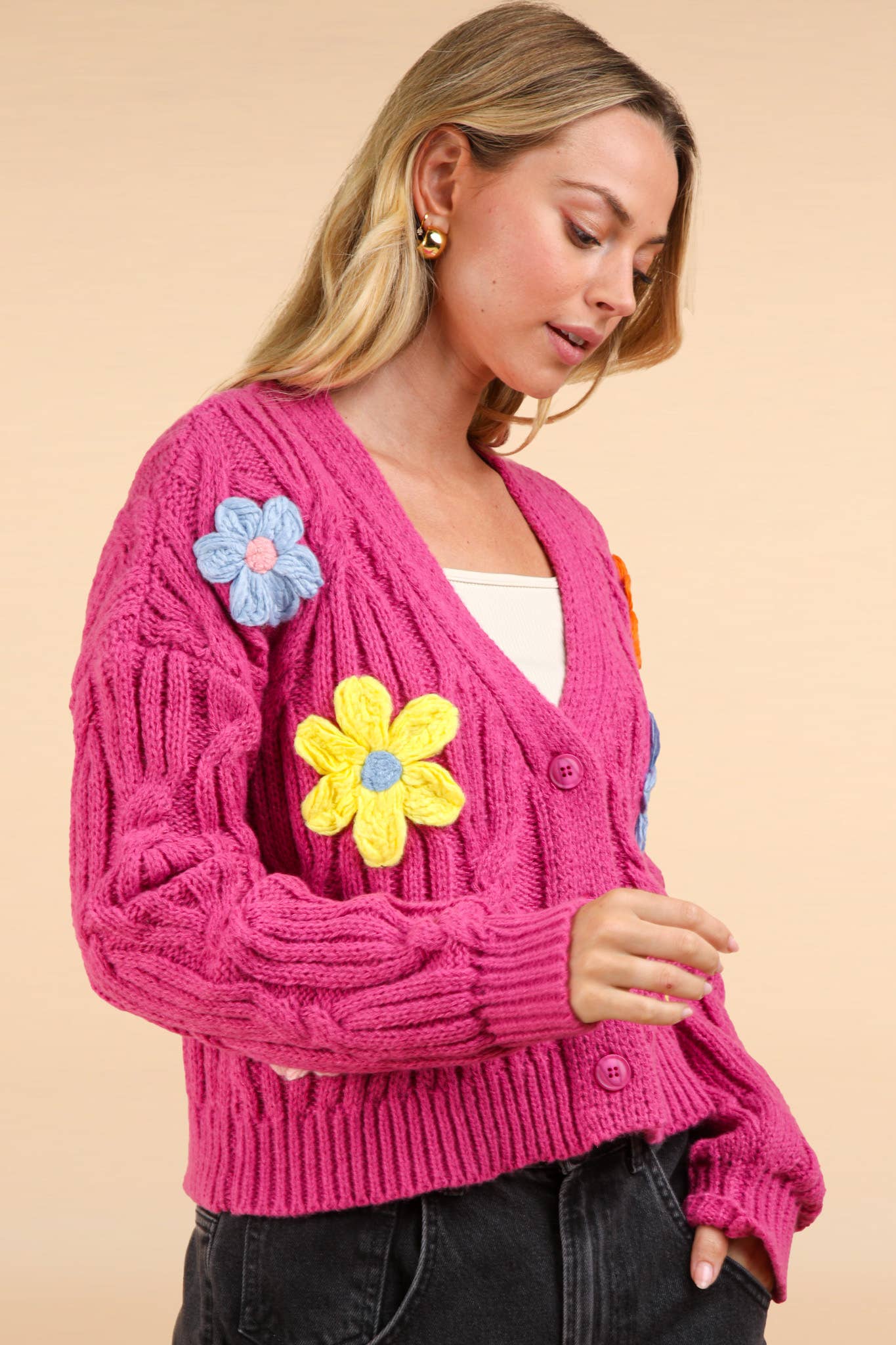 Hand-Made Flower Applique Knit Sweater Cardigan