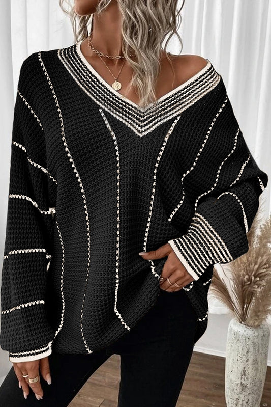 Black Color Block Striped V Neck Knit Sweater