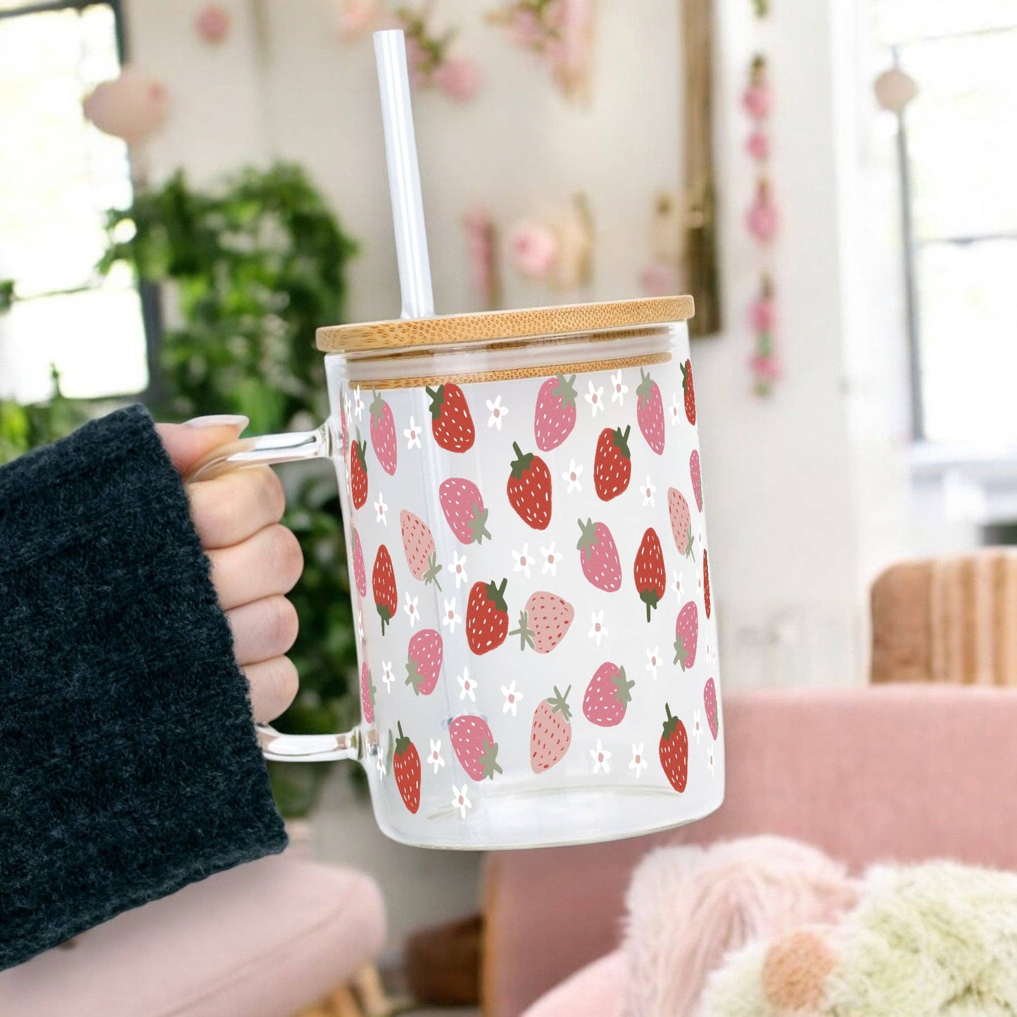 Strawberries 17oz Glass Mug With Lid and Straw