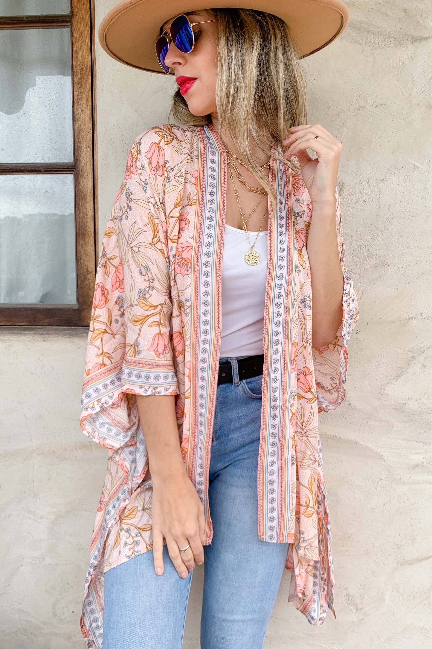 Blush Floral Border Printed Kimono Cardigan Cover Up