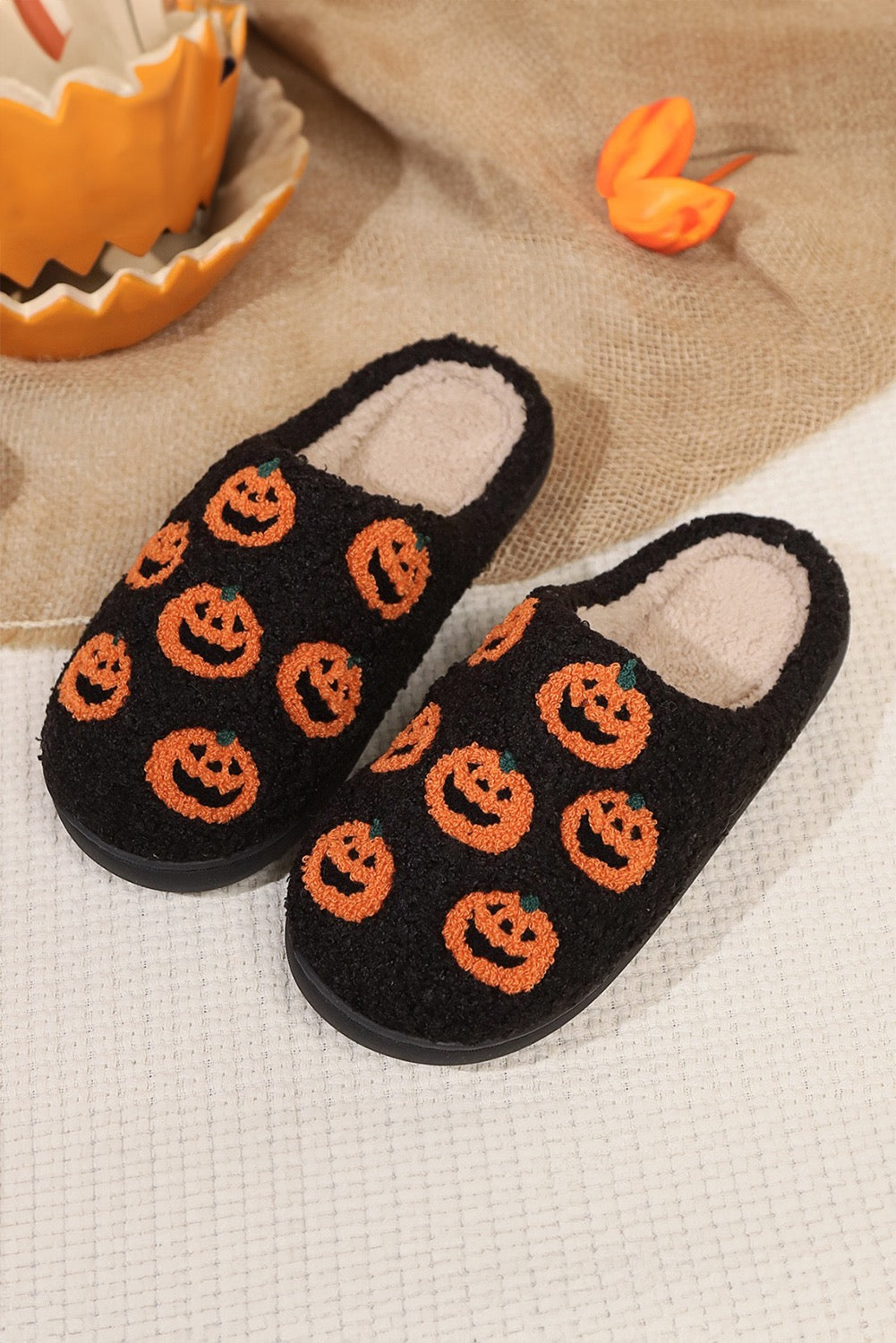 Spooky Black Pumpkin Plush Slippers